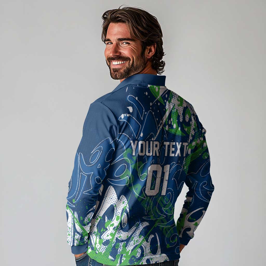 Personalized Canberra Raiders Rugby Long Sleeve Polo Shirt Urban Street Graffiti Style - Distressed Splatter Elements