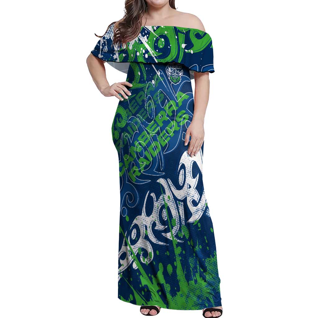 Personalized Canberra Raiders Rugby Off Shoulder Maxi Dress Urban Street Graffiti Style - Distressed Splatter Elements