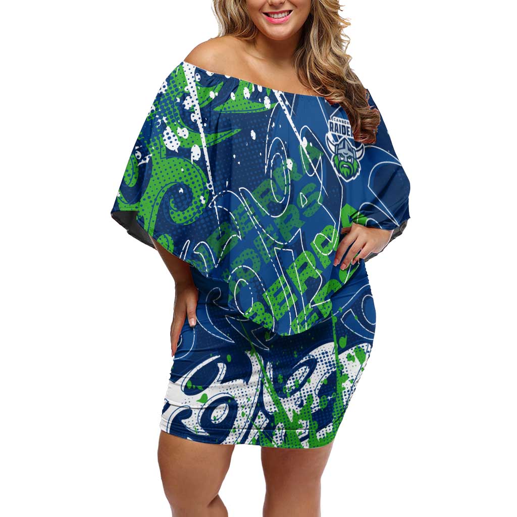 Personalized Canberra Raiders Rugby Off Shoulder Short Dress Urban Street Graffiti Style - Distressed Splatter Elements