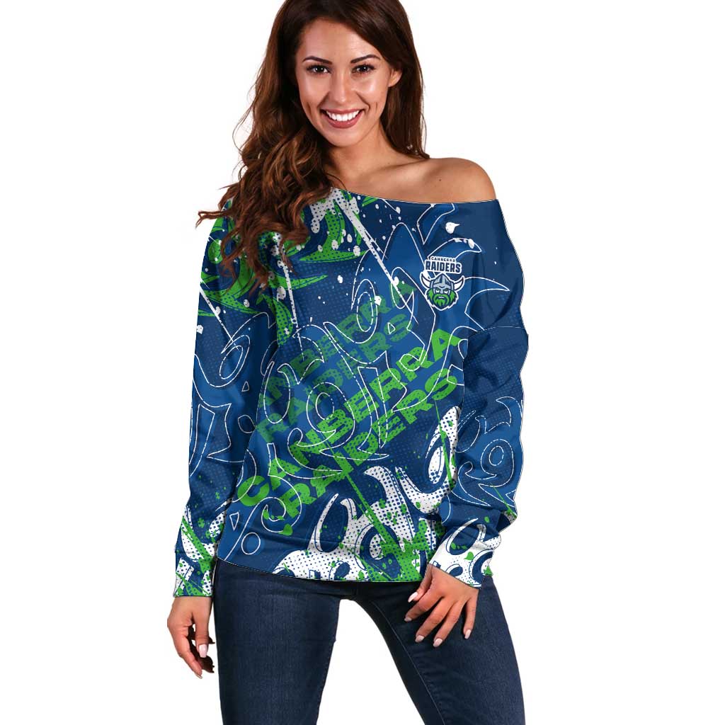 Personalized Canberra Raiders Rugby Off Shoulder Sweater Urban Street Graffiti Style - Distressed Splatter Elements