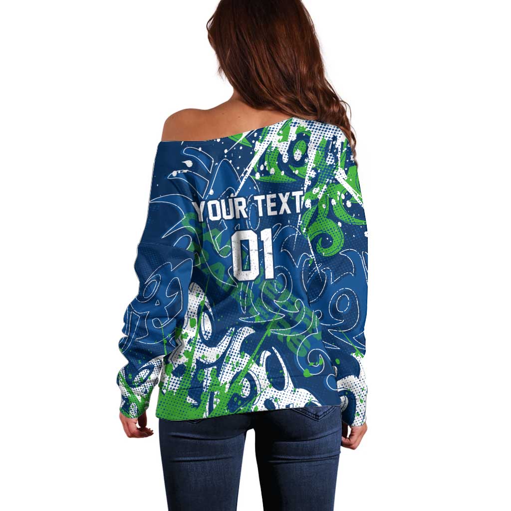 Personalized Canberra Raiders Rugby Off Shoulder Sweater Urban Street Graffiti Style - Distressed Splatter Elements
