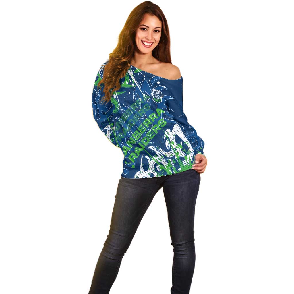 Personalized Canberra Raiders Rugby Off Shoulder Sweater Urban Street Graffiti Style - Distressed Splatter Elements