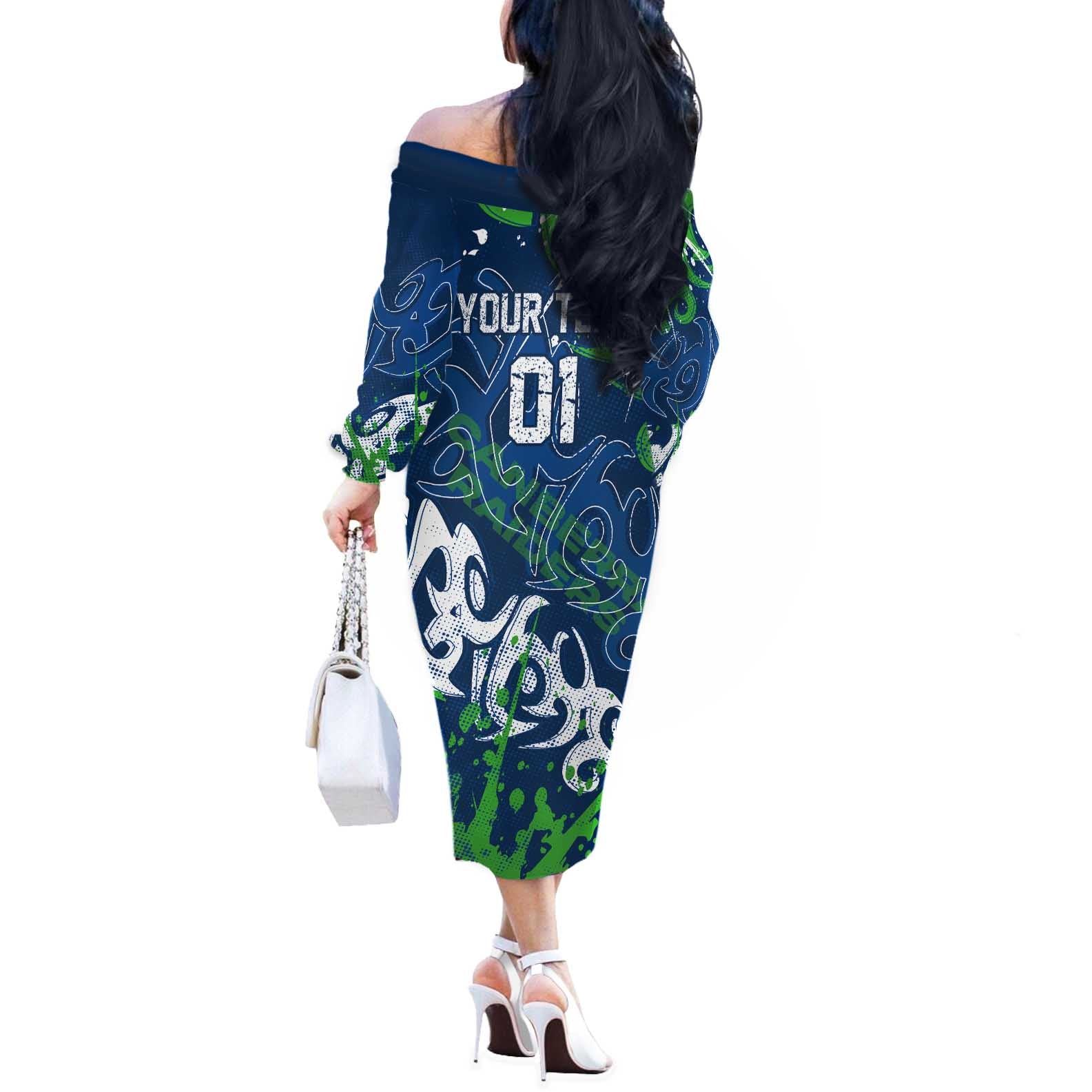 Personalized Canberra Raiders Rugby Off The Shoulder Long Sleeve Dress Urban Street Graffiti Style - Distressed Splatter Elements