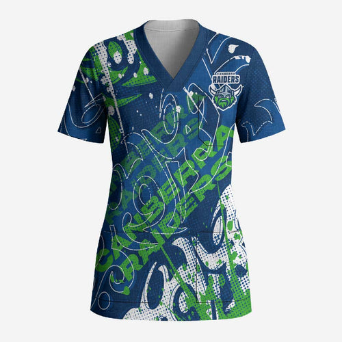 Personalized Canberra Raiders Rugby Scrub Top Urban Street Graffiti Style - Distressed Splatter Elements