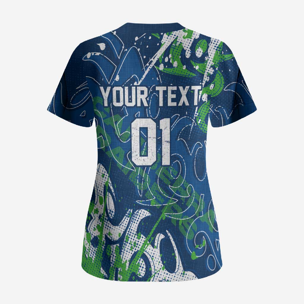 Personalized Canberra Raiders Rugby Scrub Top Urban Street Graffiti Style - Distressed Splatter Elements