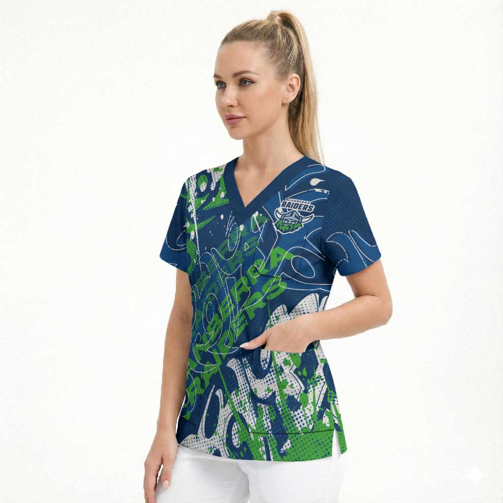 Personalized Canberra Raiders Rugby Scrub Top Urban Street Graffiti Style - Distressed Splatter Elements