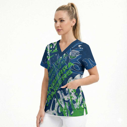 Personalized Canberra Raiders Rugby Scrub Top Urban Street Graffiti Style - Distressed Splatter Elements