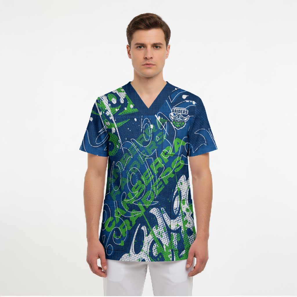 Personalized Canberra Raiders Rugby Scrub Top Urban Street Graffiti Style - Distressed Splatter Elements