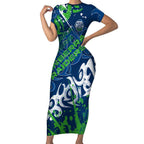 Personalized Canberra Raiders Rugby Short Sleeve Bodycon Dress Urban Street Graffiti Style - Distressed Splatter Elements
