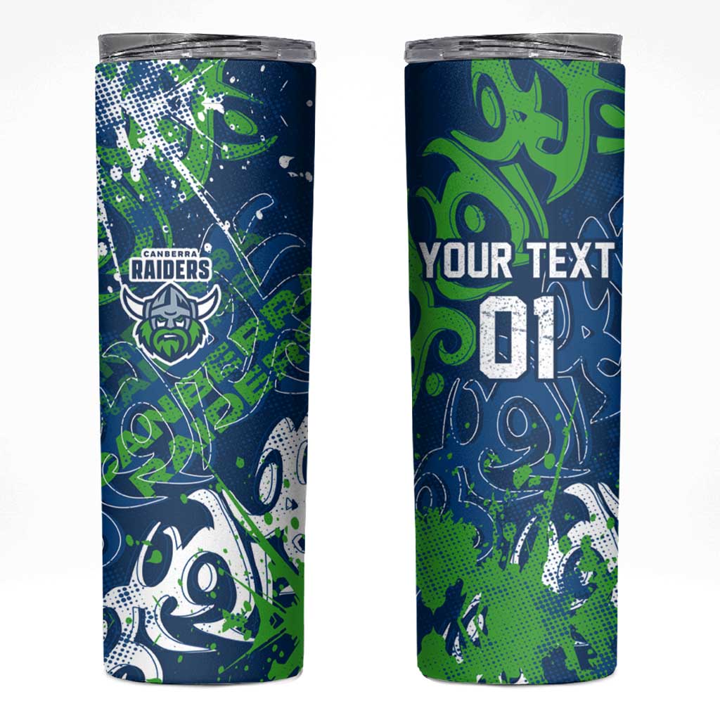Personalized Canberra Raiders Rugby Skinny Tumbler Urban Street Graffiti Style - Distressed Splatter Elements