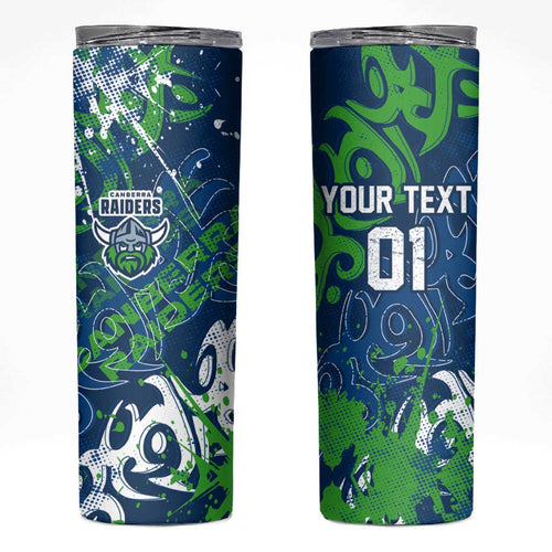 Personalized Canberra Raiders Rugby Skinny Tumbler Urban Street Graffiti Style - Distressed Splatter Elements