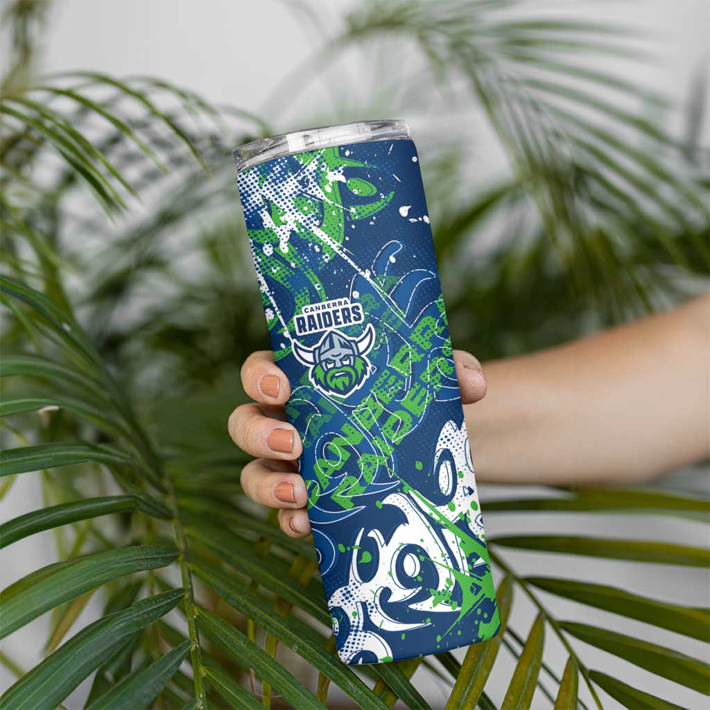 Personalized Canberra Raiders Rugby Skinny Tumbler Urban Street Graffiti Style - Distressed Splatter Elements