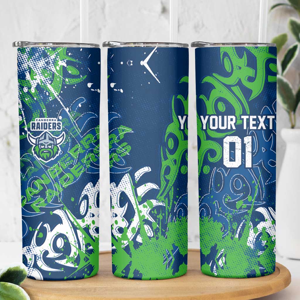Personalized Canberra Raiders Rugby Skinny Tumbler Urban Street Graffiti Style - Distressed Splatter Elements