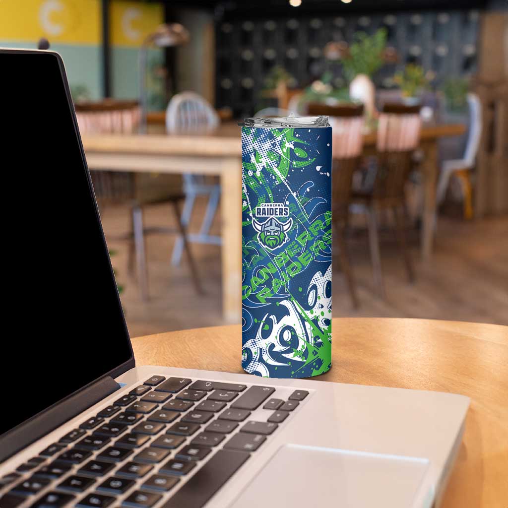 Personalized Canberra Raiders Rugby Skinny Tumbler Urban Street Graffiti Style - Distressed Splatter Elements