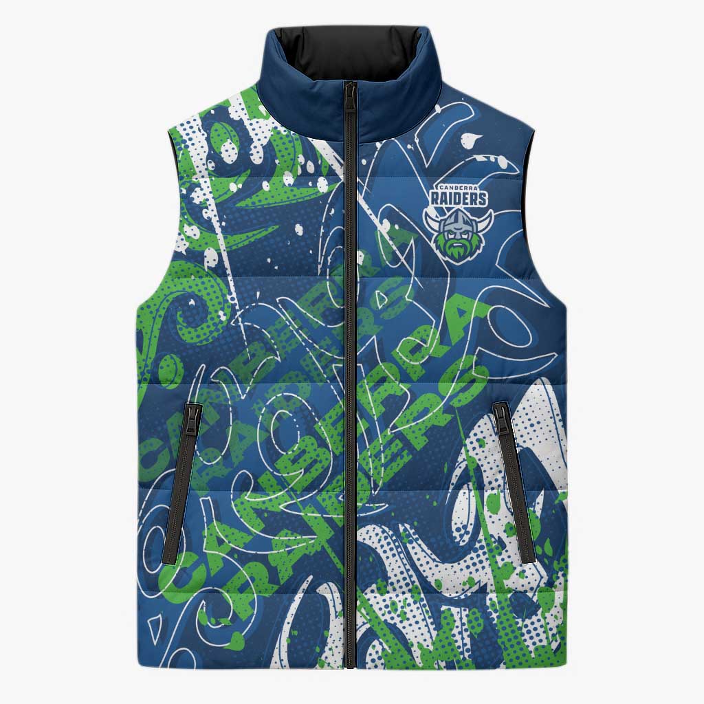 Personalized Canberra Raiders Rugby Sleeveless Puffer Jacket Urban Street Graffiti Style - Distressed Splatter Elements