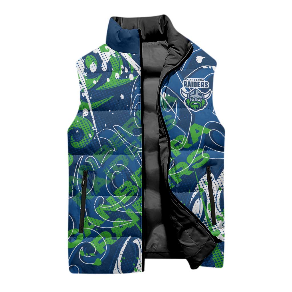 Personalized Canberra Raiders Rugby Sleeveless Puffer Jacket Urban Street Graffiti Style - Distressed Splatter Elements
