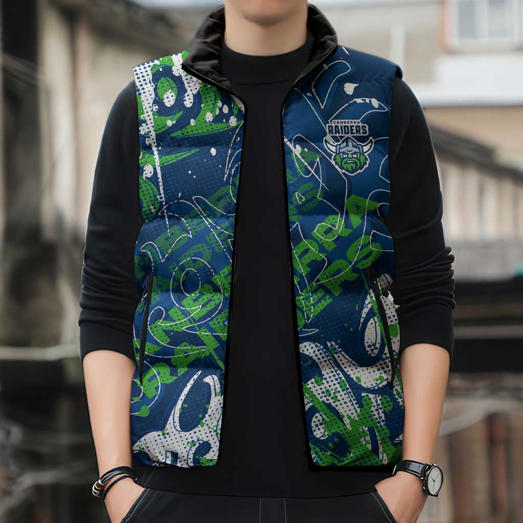 Personalized Canberra Raiders Rugby Sleeveless Puffer Jacket Urban Street Graffiti Style - Distressed Splatter Elements