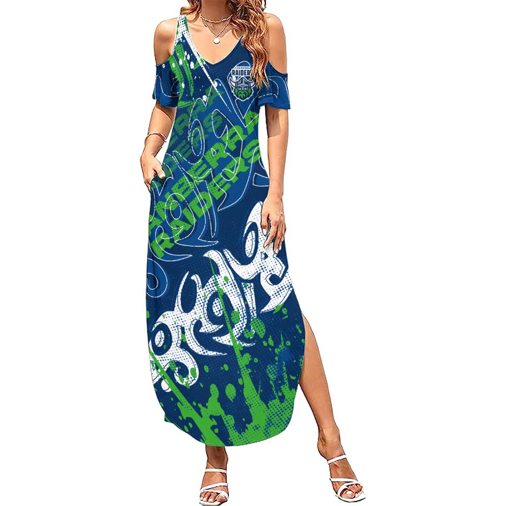 Personalized Canberra Raiders Rugby Summer Maxi Dress Urban Street Graffiti Style - Distressed Splatter Elements
