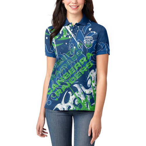 Personalized Canberra Raiders Rugby Women Polo Shirt Urban Street Graffiti Style - Distressed Splatter Elements