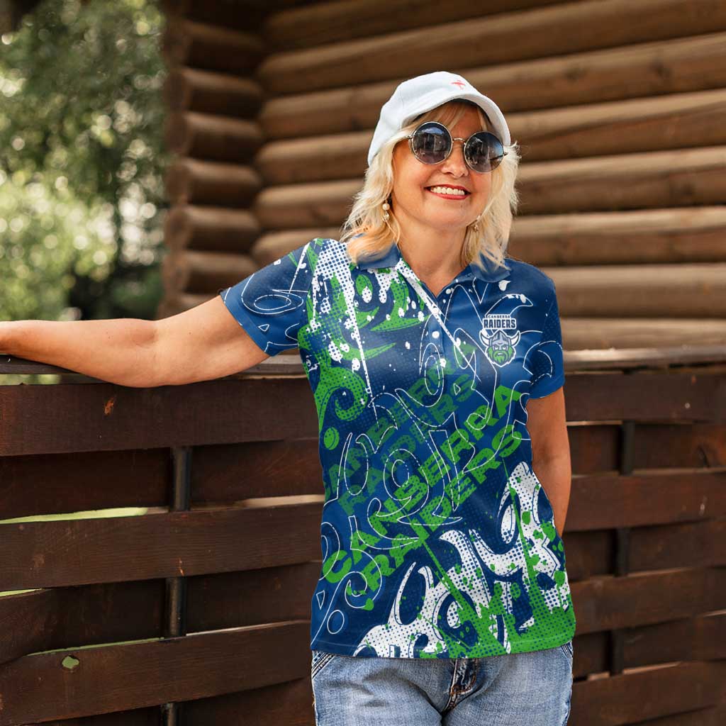 Personalized Canberra Raiders Rugby Women Polo Shirt Urban Street Graffiti Style - Distressed Splatter Elements