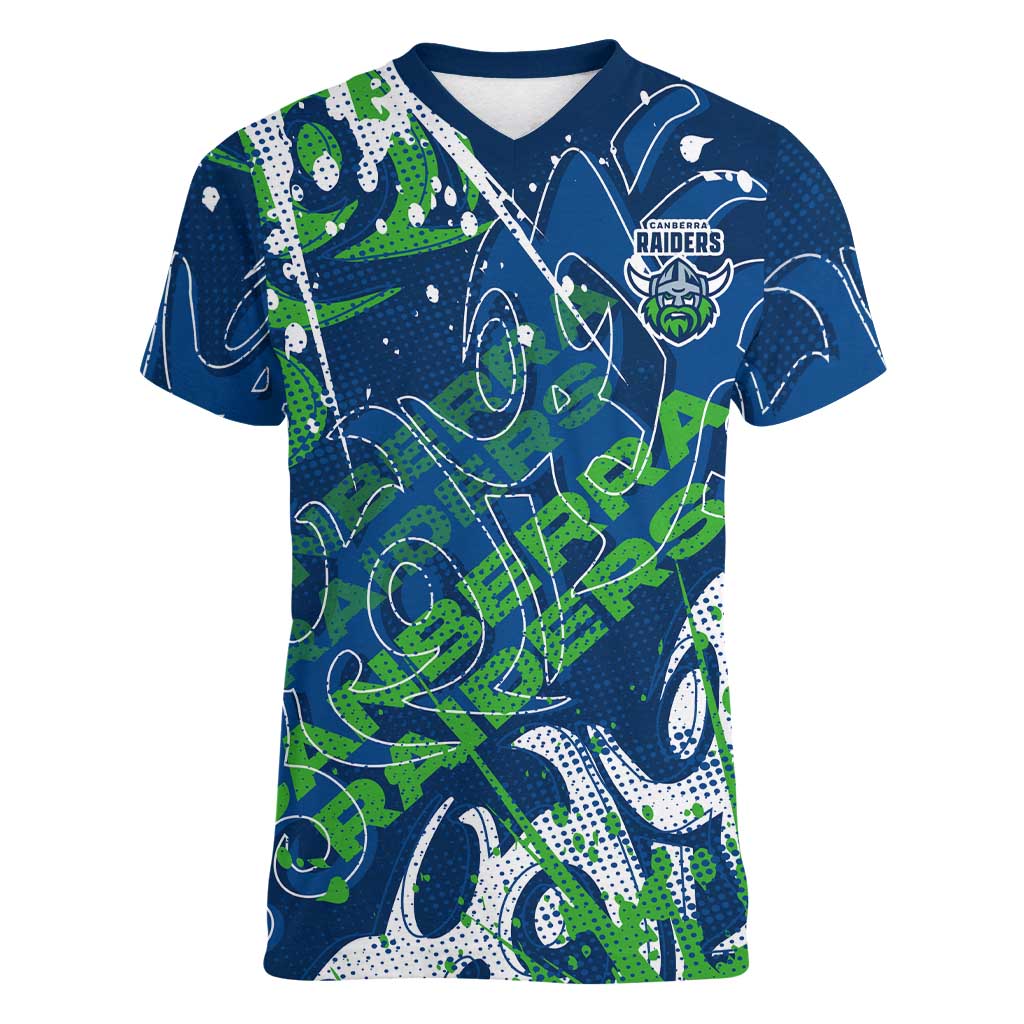 Personalized Canberra Raiders Rugby Women V-Neck T-Shirt Urban Street Graffiti Style - Distressed Splatter Elements