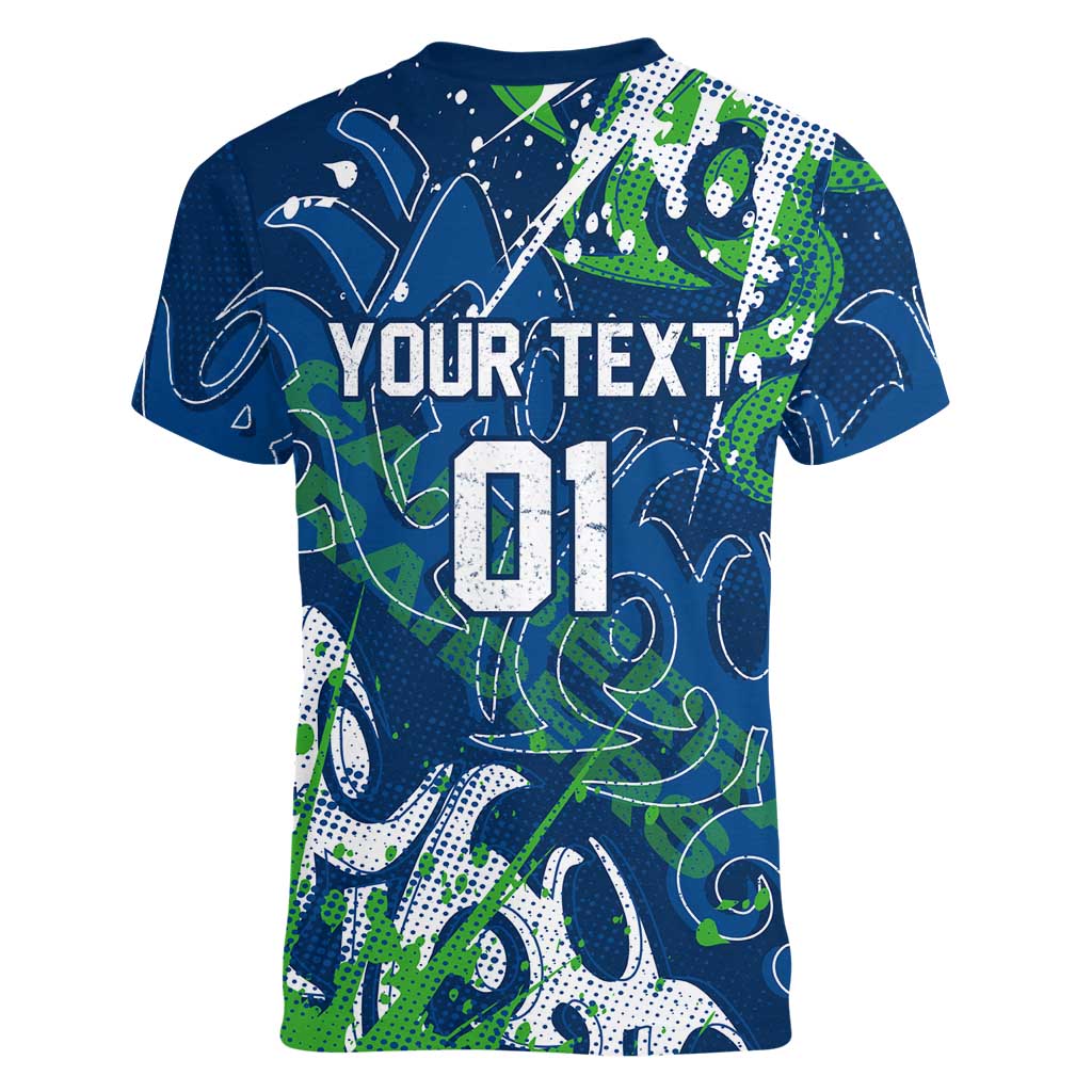 Personalized Canberra Raiders Rugby Women V-Neck T-Shirt Urban Street Graffiti Style - Distressed Splatter Elements