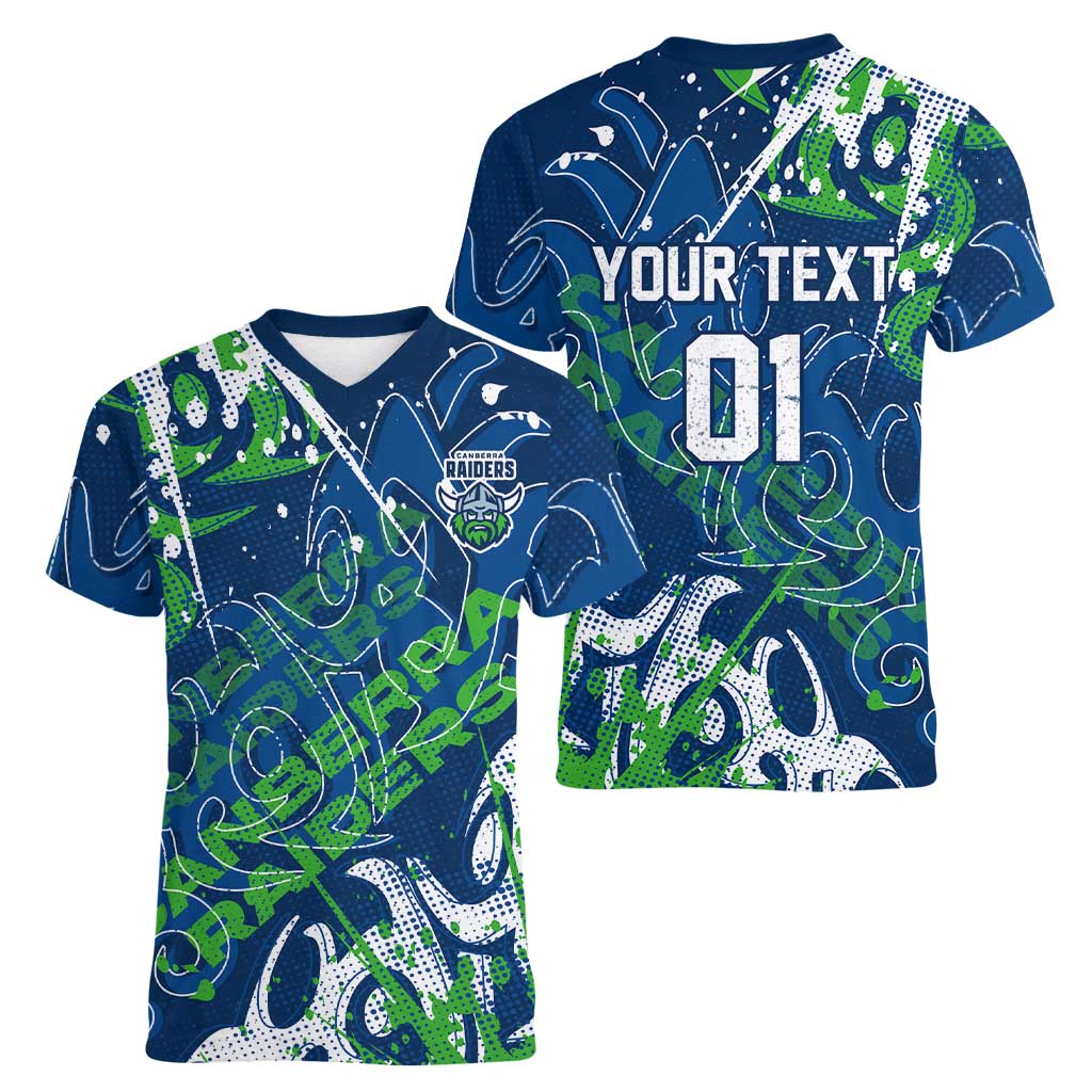 Personalized Canberra Raiders Rugby Women V-Neck T-Shirt Urban Street Graffiti Style - Distressed Splatter Elements