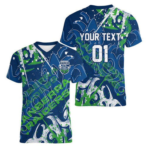 Personalized Canberra Raiders Rugby Women V-Neck T-Shirt Urban Street Graffiti Style - Distressed Splatter Elements