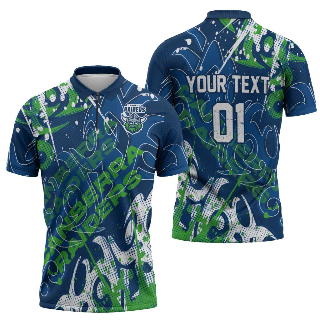 Personalized Canberra Raiders Rugby Zipper Polo Shirt Urban Street Graffiti Style - Distressed Splatter Elements