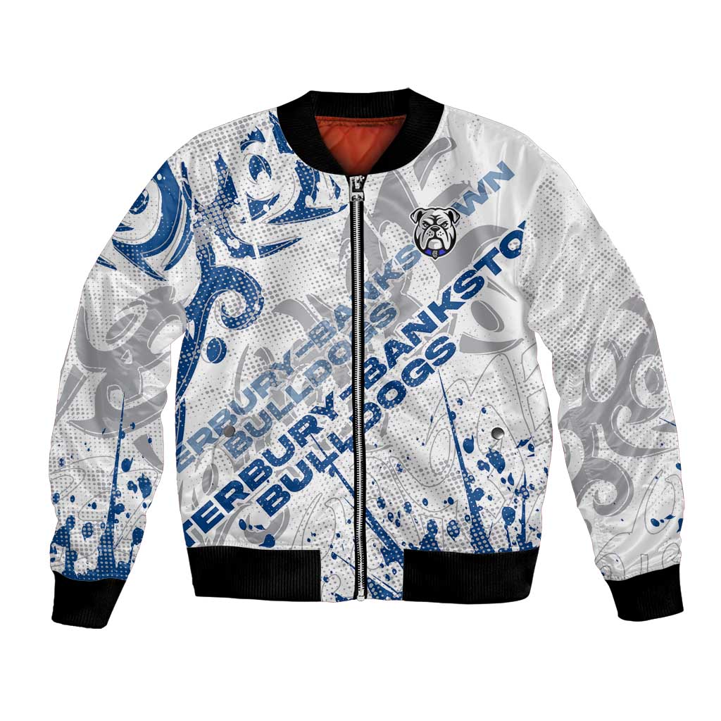 Personalized Canterbury-Bankstown Bulldogs Rugby Bomber Jacket Urban Street Graffiti Style - Distressed Splatter Elements