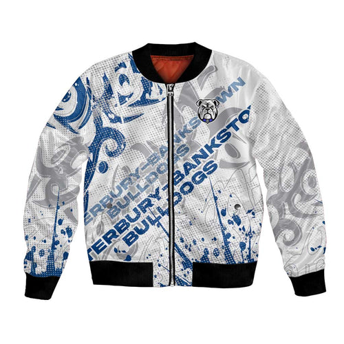 Personalized Canterbury-Bankstown Bulldogs Rugby Bomber Jacket Urban Street Graffiti Style - Distressed Splatter Elements
