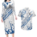 Personalized Canterbury-Bankstown Bulldogs Rugby Couples Matching Long Sleeve Bodycon Dress and Hawaiian Shirt Urban Street Graffiti Style - Distressed Splatter Elements