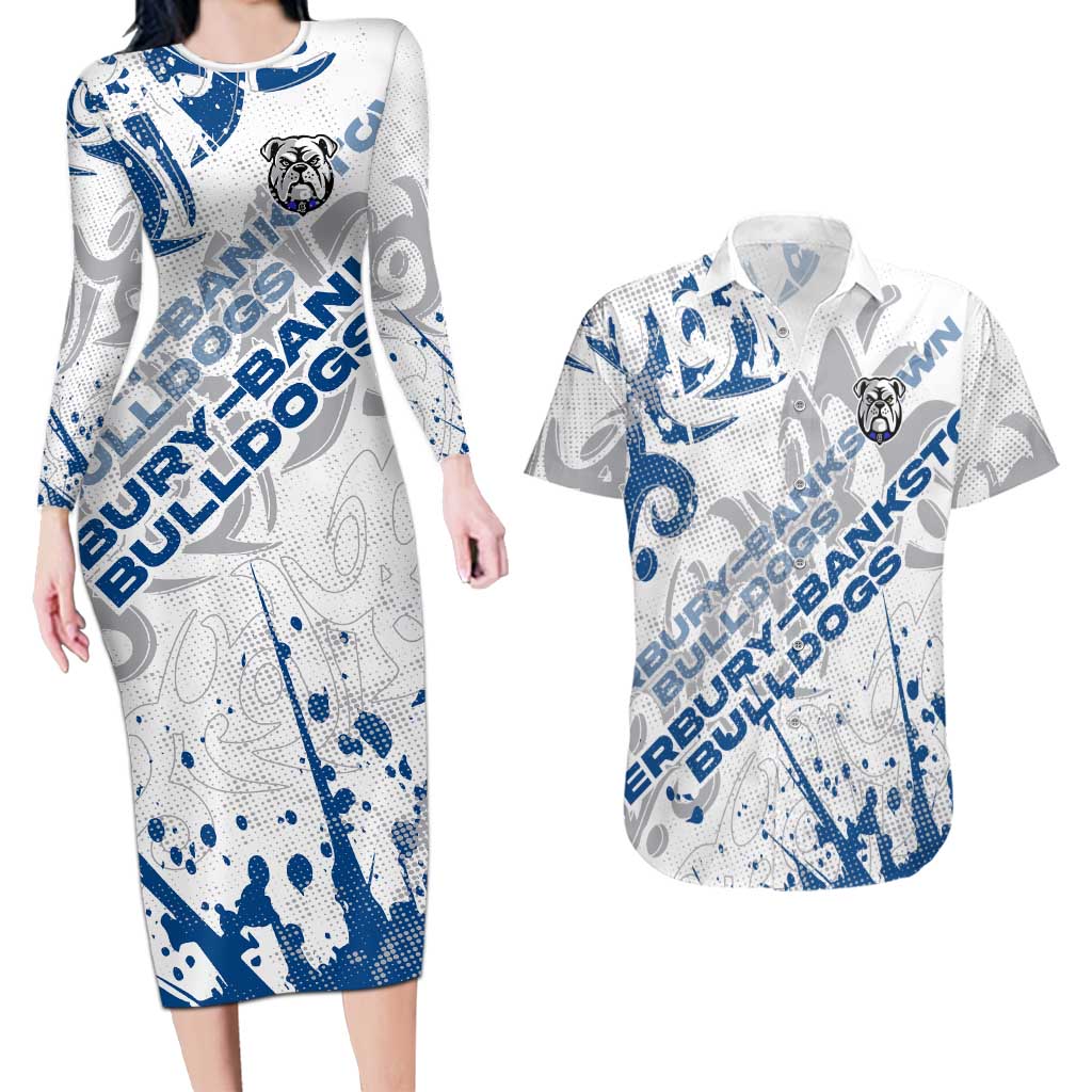 Personalized Canterbury-Bankstown Bulldogs Rugby Couples Matching Long Sleeve Bodycon Dress and Hawaiian Shirt Urban Street Graffiti Style - Distressed Splatter Elements