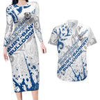 Personalized Canterbury-Bankstown Bulldogs Rugby Couples Matching Long Sleeve Bodycon Dress and Hawaiian Shirt Urban Street Graffiti Style - Distressed Splatter Elements