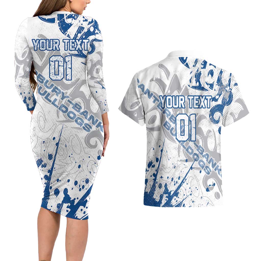 Personalized Canterbury-Bankstown Bulldogs Rugby Couples Matching Long Sleeve Bodycon Dress and Hawaiian Shirt Urban Street Graffiti Style - Distressed Splatter Elements