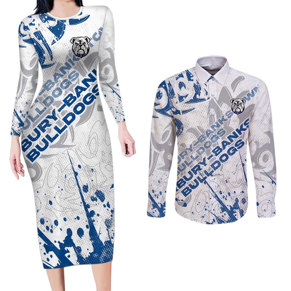Personalized Canterbury-Bankstown Bulldogs Rugby Couples Matching Long Sleeve Bodycon Dress and Long Sleeve Button Shirt Urban Street Graffiti Style - Distressed Splatter Elements