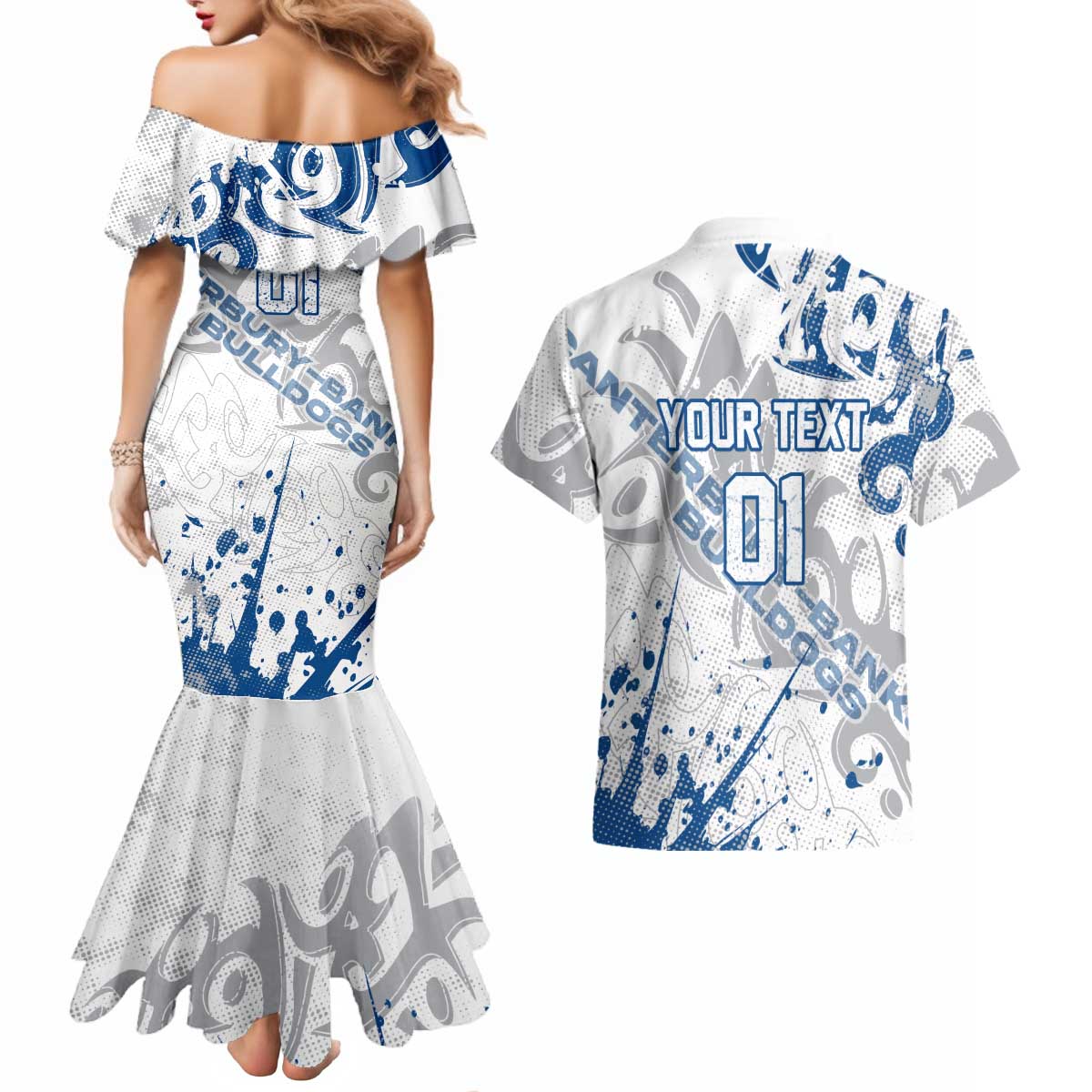 Personalized Canterbury-Bankstown Bulldogs Rugby Couples Matching Mermaid Dress and Hawaiian Shirt Urban Street Graffiti Style - Distressed Splatter Elements