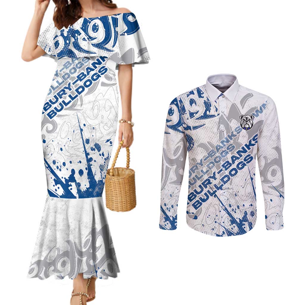 Personalized Canterbury-Bankstown Bulldogs Rugby Couples Matching Mermaid Dress and Long Sleeve Button Shirt Urban Street Graffiti Style - Distressed Splatter Elements