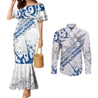 Personalized Canterbury-Bankstown Bulldogs Rugby Couples Matching Mermaid Dress and Long Sleeve Button Shirt Urban Street Graffiti Style - Distressed Splatter Elements
