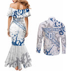 Personalized Canterbury-Bankstown Bulldogs Rugby Couples Matching Mermaid Dress and Long Sleeve Button Shirt Urban Street Graffiti Style - Distressed Splatter Elements