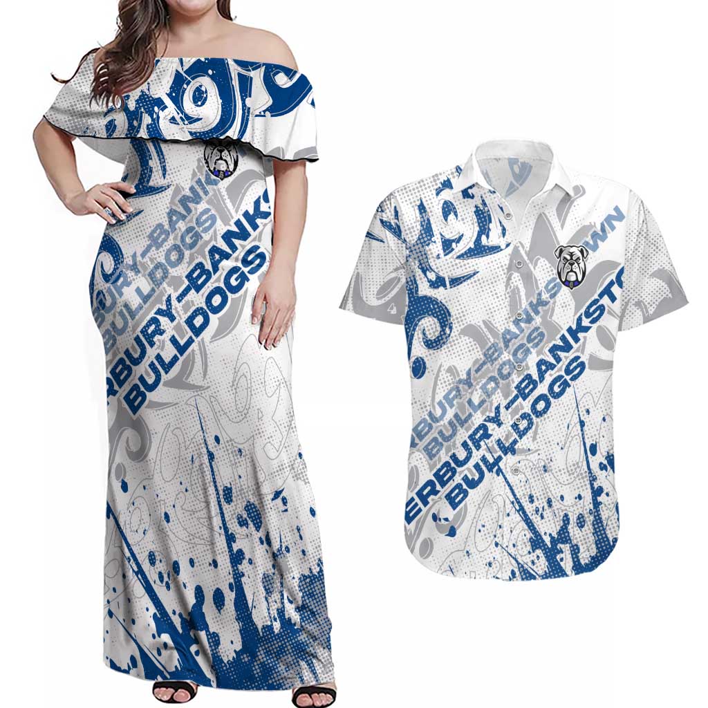 Personalized Canterbury-Bankstown Bulldogs Rugby Couples Matching Off Shoulder Maxi Dress and Hawaiian Shirt Urban Street Graffiti Style - Distressed Splatter Elements