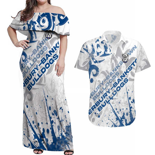 Personalized Canterbury-Bankstown Bulldogs Rugby Couples Matching Off Shoulder Maxi Dress and Hawaiian Shirt Urban Street Graffiti Style - Distressed Splatter Elements
