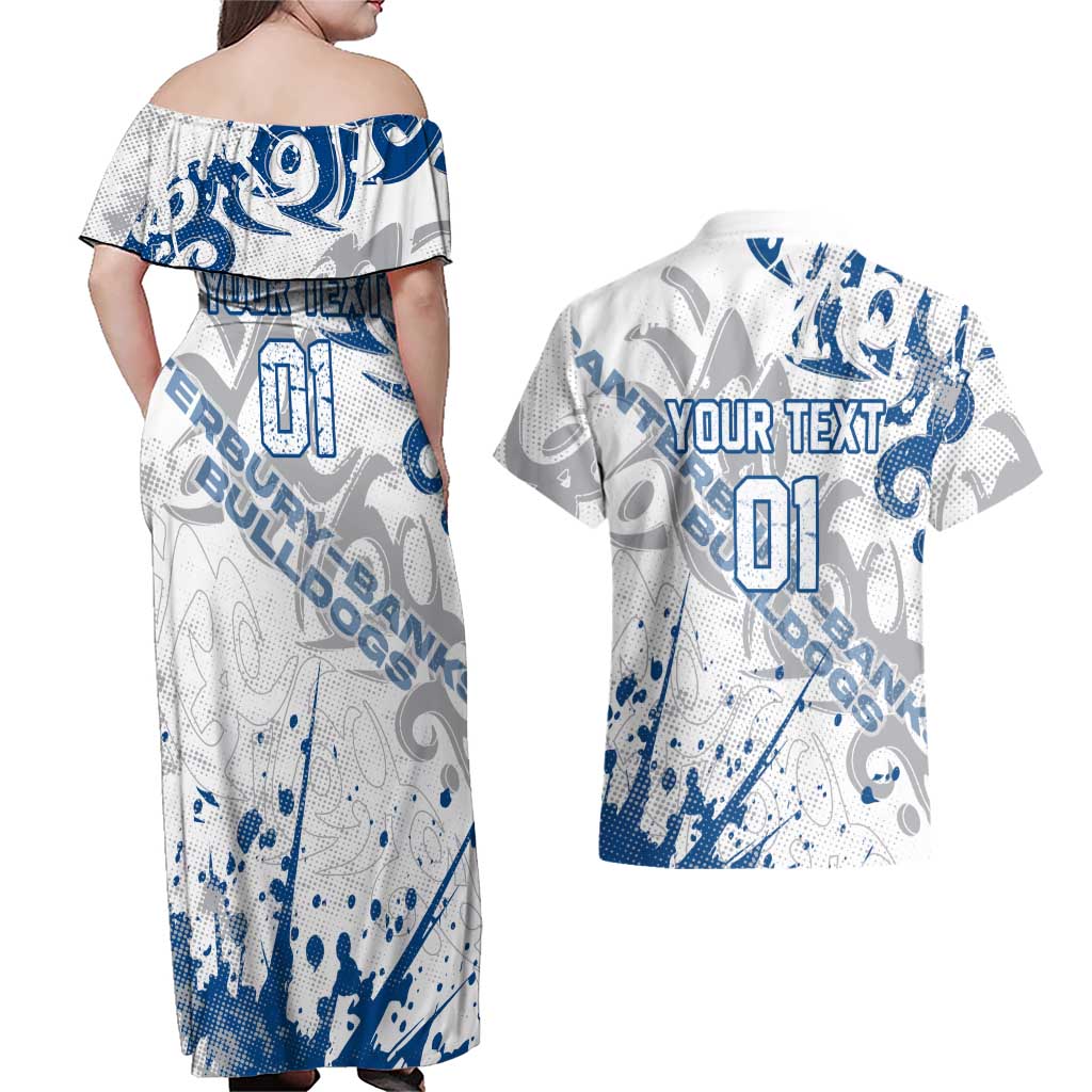 Personalized Canterbury-Bankstown Bulldogs Rugby Couples Matching Off Shoulder Maxi Dress and Hawaiian Shirt Urban Street Graffiti Style - Distressed Splatter Elements