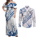 Personalized Canterbury-Bankstown Bulldogs Rugby Couples Matching Off Shoulder Maxi Dress and Long Sleeve Button Shirt Urban Street Graffiti Style - Distressed Splatter Elements