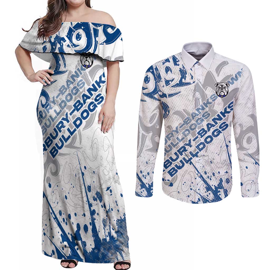 Personalized Canterbury-Bankstown Bulldogs Rugby Couples Matching Off Shoulder Maxi Dress and Long Sleeve Button Shirt Urban Street Graffiti Style - Distressed Splatter Elements