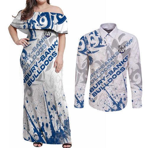 Personalized Canterbury-Bankstown Bulldogs Rugby Couples Matching Off Shoulder Maxi Dress and Long Sleeve Button Shirt Urban Street Graffiti Style - Distressed Splatter Elements