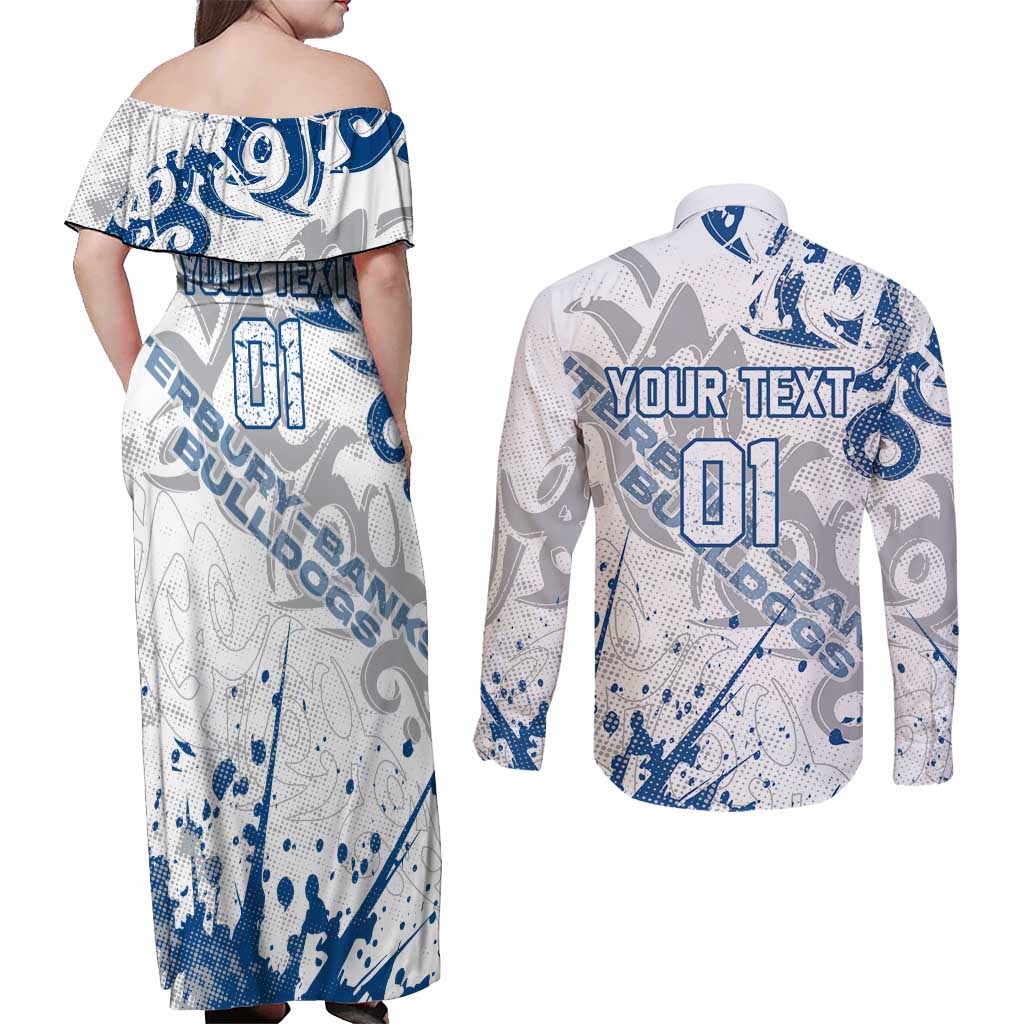Personalized Canterbury-Bankstown Bulldogs Rugby Couples Matching Off Shoulder Maxi Dress and Long Sleeve Button Shirt Urban Street Graffiti Style - Distressed Splatter Elements