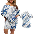 Personalized Canterbury-Bankstown Bulldogs Rugby Couples Matching Off Shoulder Short Dress and Hawaiian Shirt Urban Street Graffiti Style - Distressed Splatter Elements