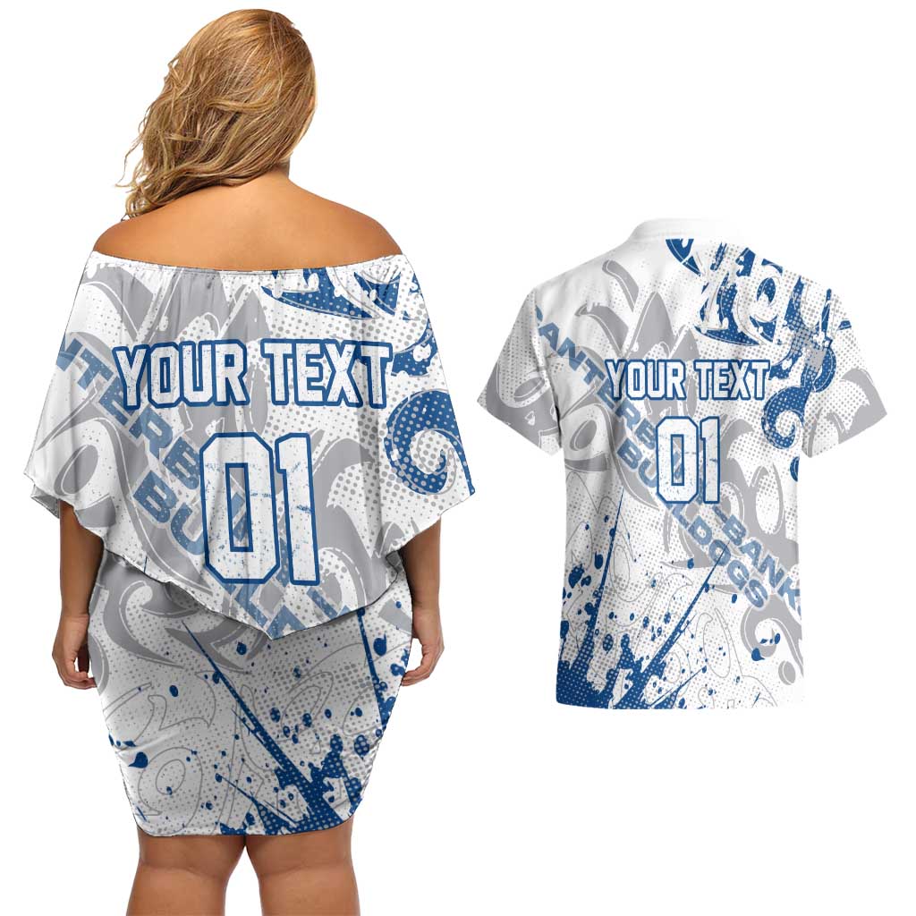 Personalized Canterbury-Bankstown Bulldogs Rugby Couples Matching Off Shoulder Short Dress and Hawaiian Shirt Urban Street Graffiti Style - Distressed Splatter Elements