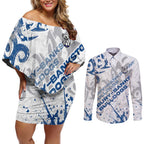 Personalized Canterbury-Bankstown Bulldogs Rugby Couples Matching Off Shoulder Short Dress and Long Sleeve Button Shirt Urban Street Graffiti Style - Distressed Splatter Elements
